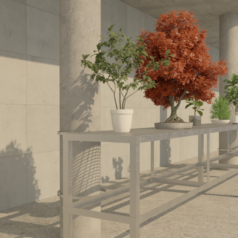 Mesa con plantas en macetas, incluyendo un bonsái de hojas rojas y otras de diferentes colores.