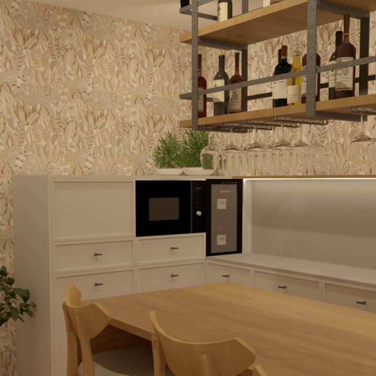 Cocina moderna con estantería, microondas y mesa de madera clara.