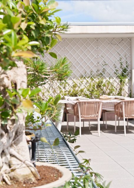 Terraza con mesa y sillas rodeada de plantas verdes y una pared de láminas blancas.