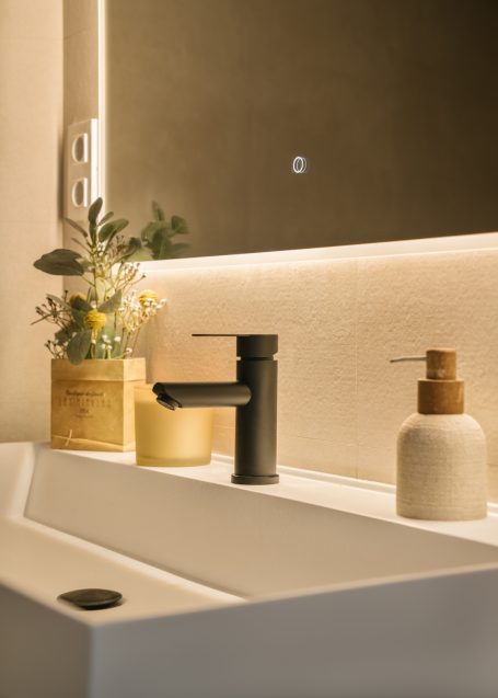 Lavabo moderno con grifo negro, dispensador de jabón y plantas decorativas.
