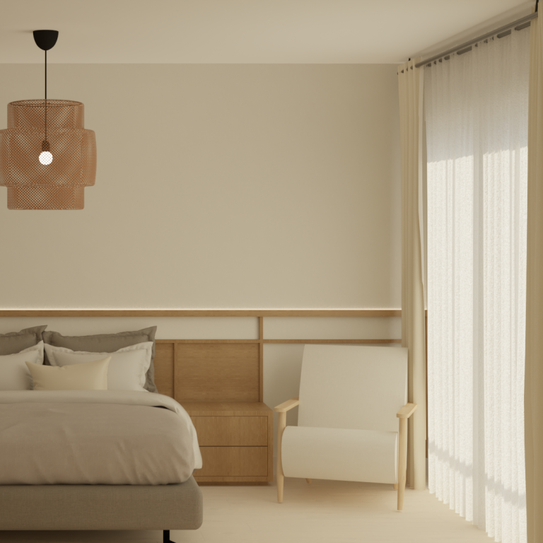 Habitación minimalista con cama, silla blanca y ventanas con cortinas claras.