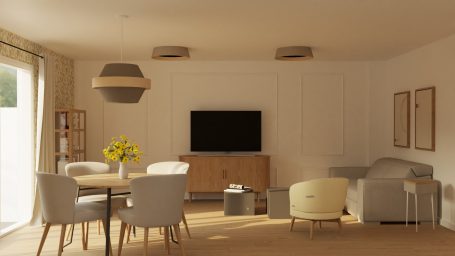 Sala de estar moderna con muebles minimalistas, mesa, sillas y ventana con luz natural.